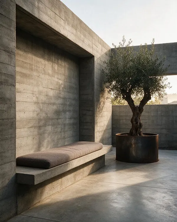 A Brutalist outdoor courtyard framed by raw concrete walls and a deep rectangular opening. A built-in concrete bench with a taupe cushion sits on the left, while a sculptural olive tree grows from a large dark metal planter on the right under soft natural light.