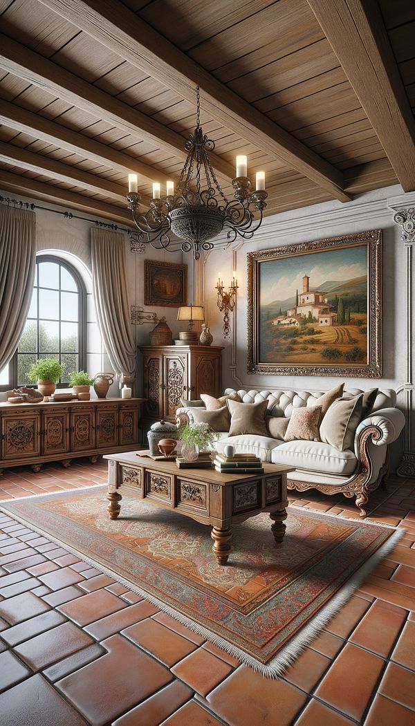 A cozy living room featuring Italian Provincial design elements, such as a plush sofa with gentle curves, wooden furniture, a wrought iron chandelier, and terracotta floor tiles.