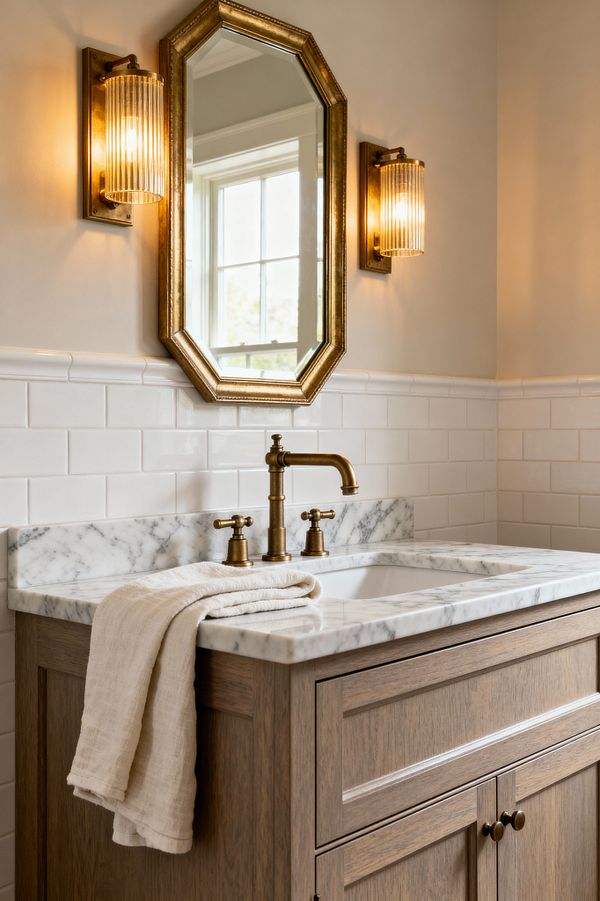 Close-up of a transitional bathroom vanity featuring a white oak cabinet with Shaker-style fronts and a gray-veined marble countertop and backsplash, with a beige towel draped over the edge. Above, an octagonal gold-framed mirror is flanked by two brass sconces with ribbed glass, set against glossy white subway-tile wainscoting and soft beige walls, with daylight reflected in the mirror.