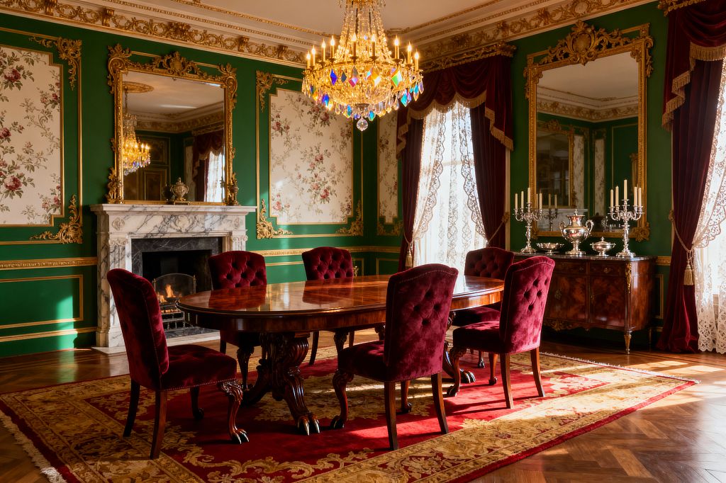 A formal Victorian dining room with an oval polished mahogany table and six button‑tufted burgundy velvet chairs on a red-and-gold bordered rug over herringbone parquet. Emerald walls with floral panels and gilt moldings surround a white-and-gray marble fireplace below a large gilded mirror; a crystal chandelier with multicolored prisms hangs above, while lace sheers and burgundy drapes with gold fringe frame tall windows beside a burled-wood sideboard topped with silver candelabras.