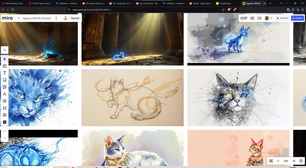 A collection of artistic cat illustrations and concepts displayed in a digital workspace.