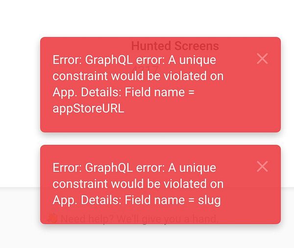 The image shows two red error toast notifications with GraphQL errors displayed.