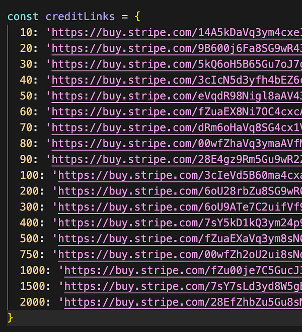 The image displays a code snippet defining a JavaScript object containing payment links for purchasing credits via Stripe.