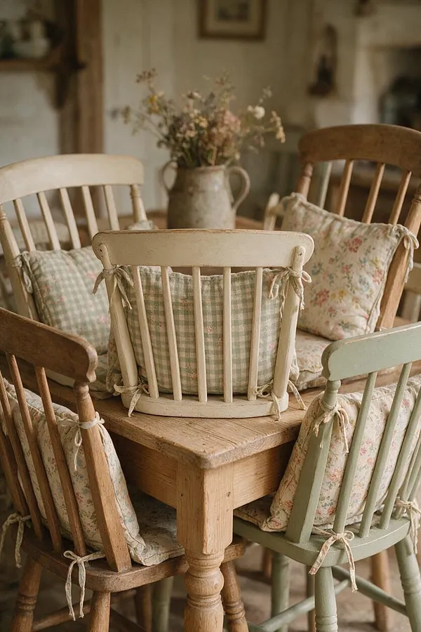 A cozy cottagecore dining nook with mismatched wooden spindle-back chairs gathered around a square wooden table. The chairs are topped with floral and gingham tie-on cushions in soft cream, sage, and blush tones, with a rustic pitcher of dried flowers in the background.