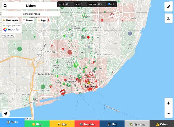 Map interface in admin mode showing green and red location markers with sentiment tags and a user list panel on the left.