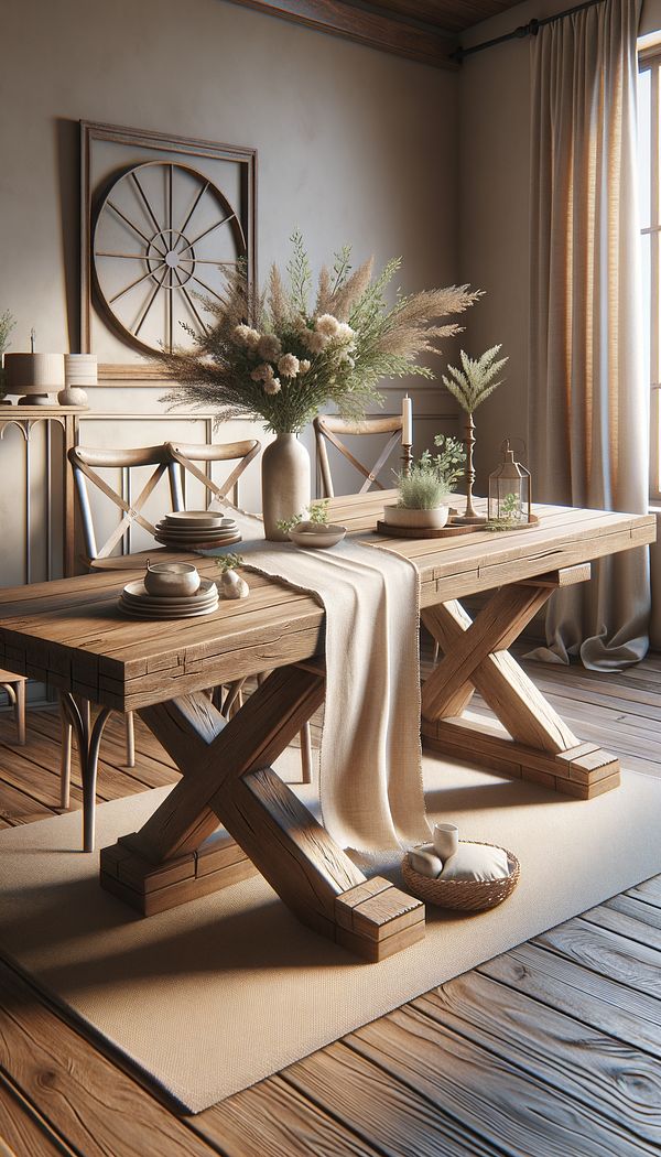 An image of a wooden sawbuck table in a rustic dining room setting, with X-shaped supports visible on both ends. The table is styled with simple, elegant decor, including a linen table runner and a vase with fresh flowers.