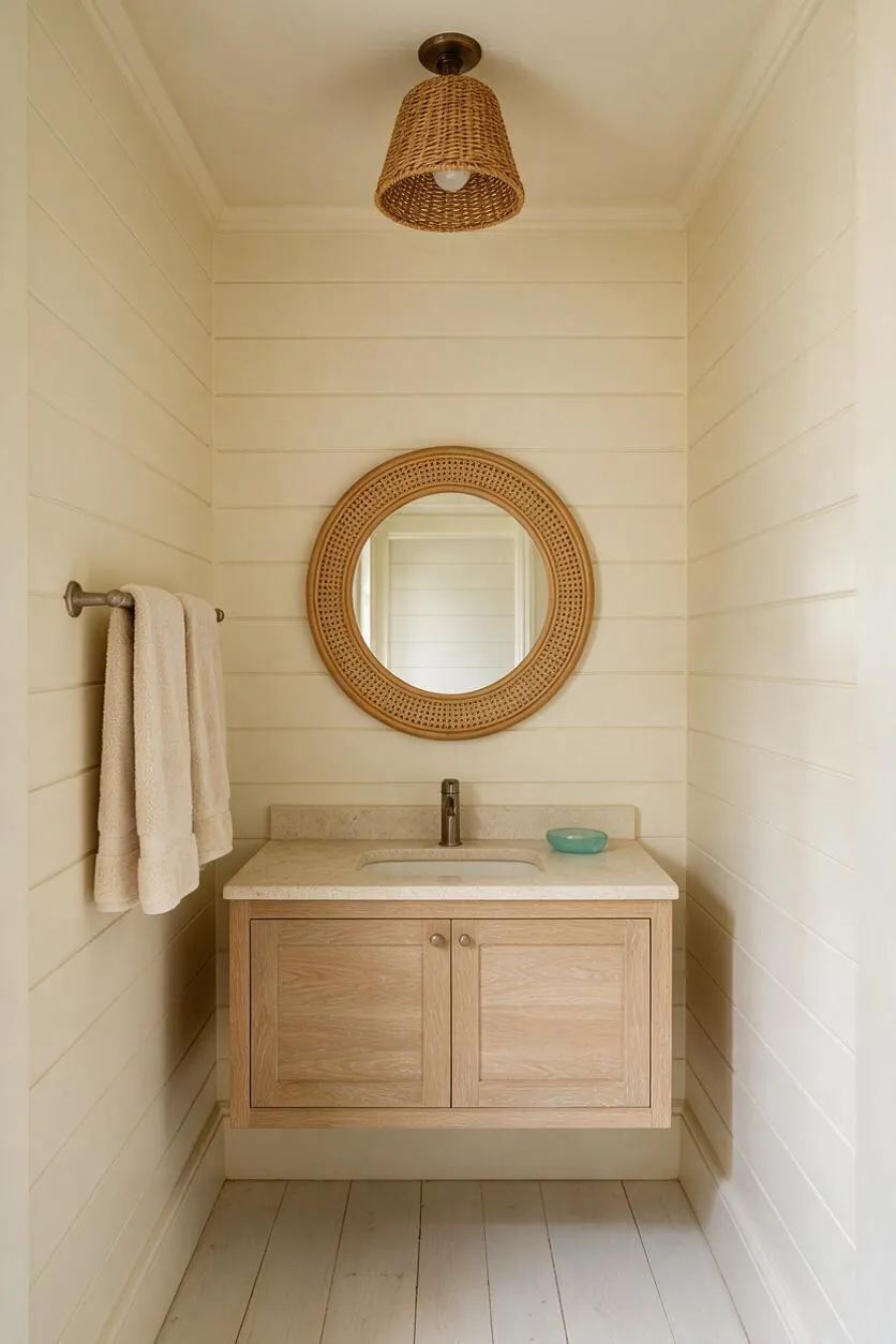 A narrow coastal powder room with white shiplap walls, a woven rattan pendant light, and a round rattan-framed mirror above a floating light wood vanity. The vanity has a pale stone countertop, a small dark faucet, a towel bar with white towels, and soft neutral finishes throughout.