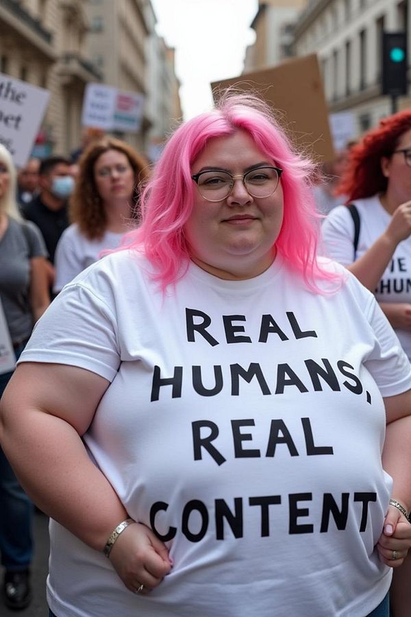 A woman with pink hair stands in a protest, wearing a shirt that reads 'REAL HUMANS, REAL CONTENT'.