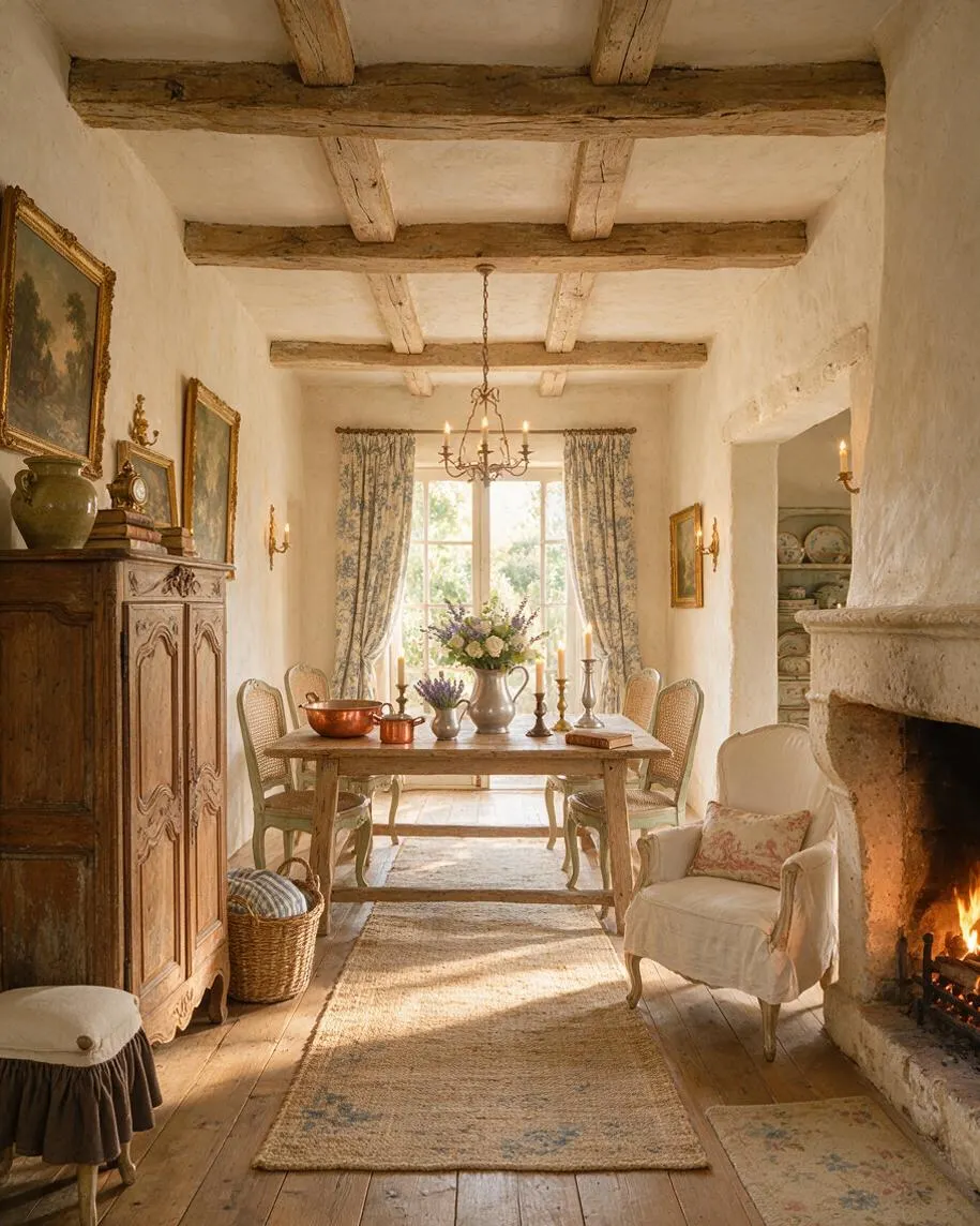A narrow French Country entryway with white plaster walls, exposed wooden ceiling beams, a carved wood armoire, and a long wooden table set with candlesticks and flowers. A stone fireplace glows on the right, while floral curtains, antique-style chairs, and a woven rug soften the warm, rustic space.