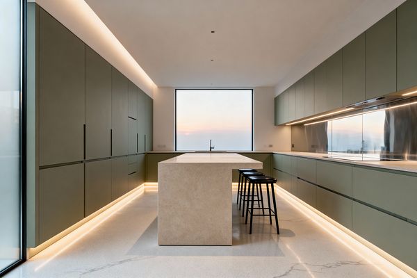 A minimalist galley kitchen with sage-green flat-panel cabinets on both sides and a large central limestone waterfall island with three black stools. Warm perimeter LED lighting lines the toe kicks and under-cabinet runs, reflecting off a stainless-steel backsplash, while pale terrazzo floors and a broad picture window at the end of the room keep the space bright and uncluttered.