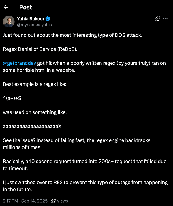 A tweet discussing Regex Denial of Service (ReDoS) and its implications.