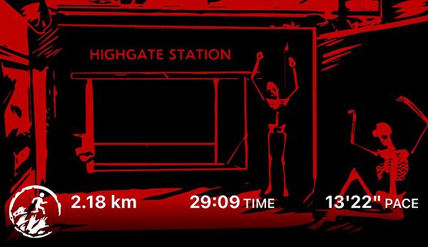 The image features a stylized representation of Highgate Station with skeletons celebrating in a dark, red-themed environment.