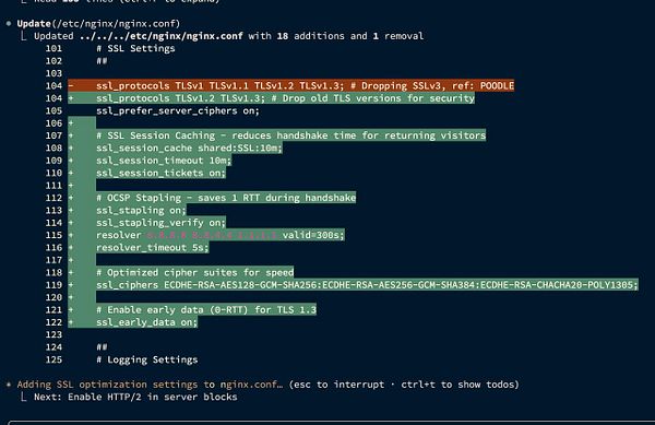 The image displays a terminal window showing an Nginx configuration file update focused on SSL settings.