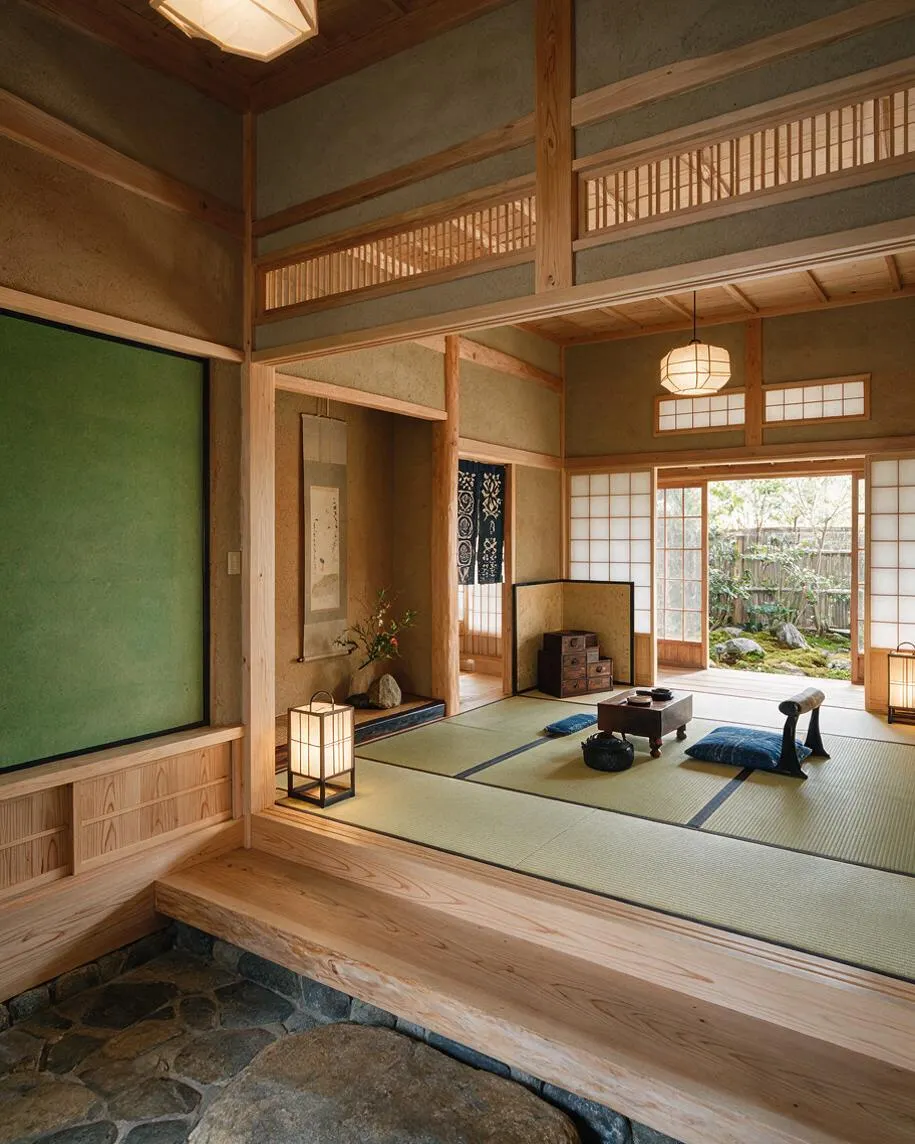 A Japanese Zen entryway opens into a tatami-floored room with exposed wood framing, shoji screens, and paper lantern lighting. A low tea table, floor cushions, and a garden visible through wide sliding doors create a calm, traditional atmosphere.