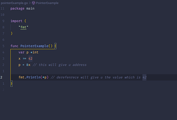 The image displays a code snippet in Go demonstrating pointer usage.