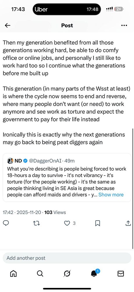 A social media post discussing generational wealth and work attitudes in Europe.