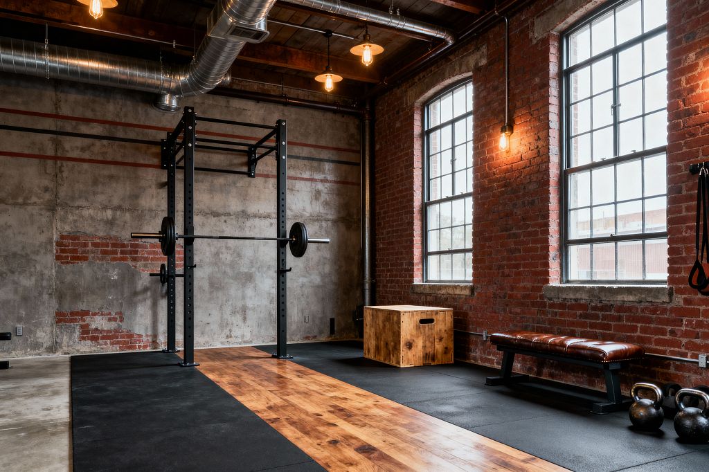 Industrial home gym featuring exposed red brick walls, weathered concrete, and tall black-framed factory windows. A black steel squat rack with barbell stands on black rubber flooring with a central maple lifting platform. To the right sit a wood plyo box, a brown leather bench with black metal legs, and kettlebells. Overhead, wood beams, galvanized ductwork, and Edison bulbs provide warm light, with a matching wall sconce near the windows.