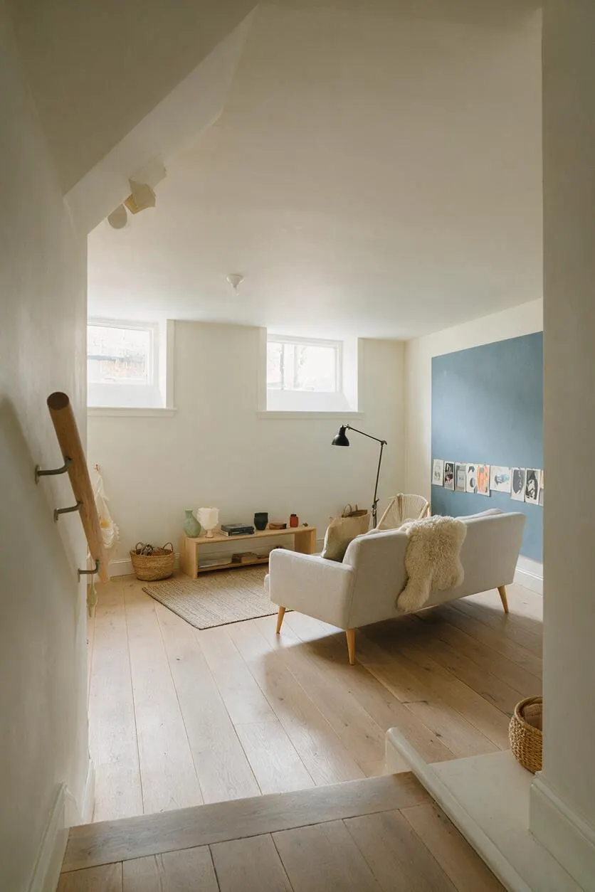 A bright Scandinavian-style basement lounge with pale wood floors, white walls, two small basement windows, and a soft blue accent wall. A cream sofa sits centered with a throw draped over the back, paired with a simple wooden bench, woven baskets, a black floor lamp, and minimal decor for a calm, airy feel.