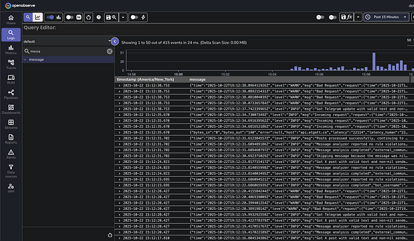 The image displays a log analysis interface from OpenObserve, showing a list of log entries with timestamps and messages.