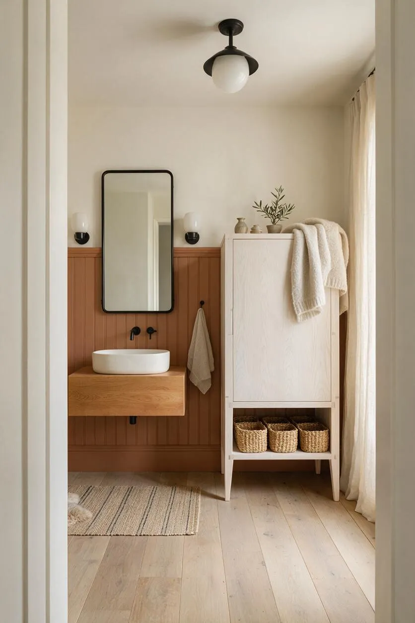 A Scandinavian-style powder room with a floating oak vanity and round white vessel sink set against terracotta beadboard paneling. A tall black-framed mirror, compact wall sconces, a white storage cabinet, woven baskets, and sheer curtains soften the space with warm natural textures.