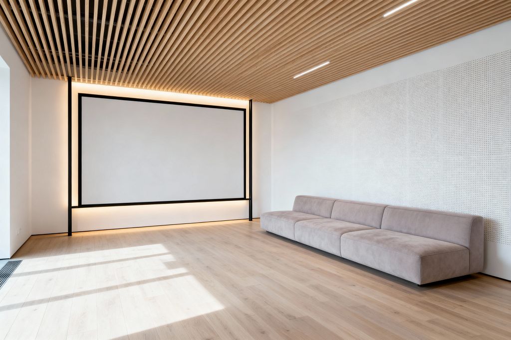 A minimalist media room with a large projection surface framed in matte black and softly backlit, set against white walls. A long, low taupe sofa lines a wall of perforated acoustic panels, while a slatted light-oak ceiling with slim recessed lights complements pale oak floors; daylight enters from the left, highlighting the clean lines and uncluttered layout.
