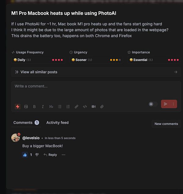 A task interface discussing overheating issues with an M1 Pro MacBook while using PhotoAI.