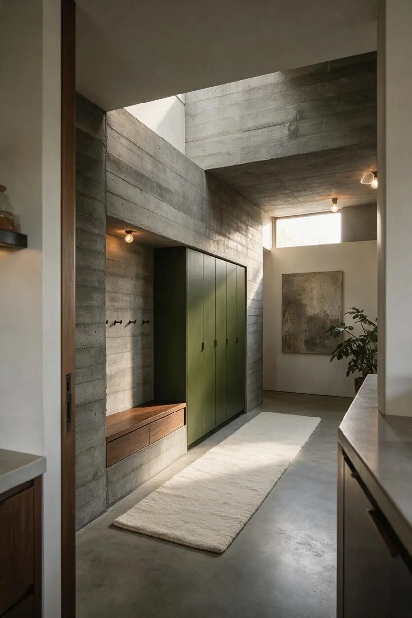 A narrow mudroom with exposed cast-concrete walls and ceiling, an olive green built-in cabinet, and a warm wood bench. A long cream runner lies on the polished concrete floor, while soft daylight and small exposed bulbs create a calm, industrial atmosphere.
