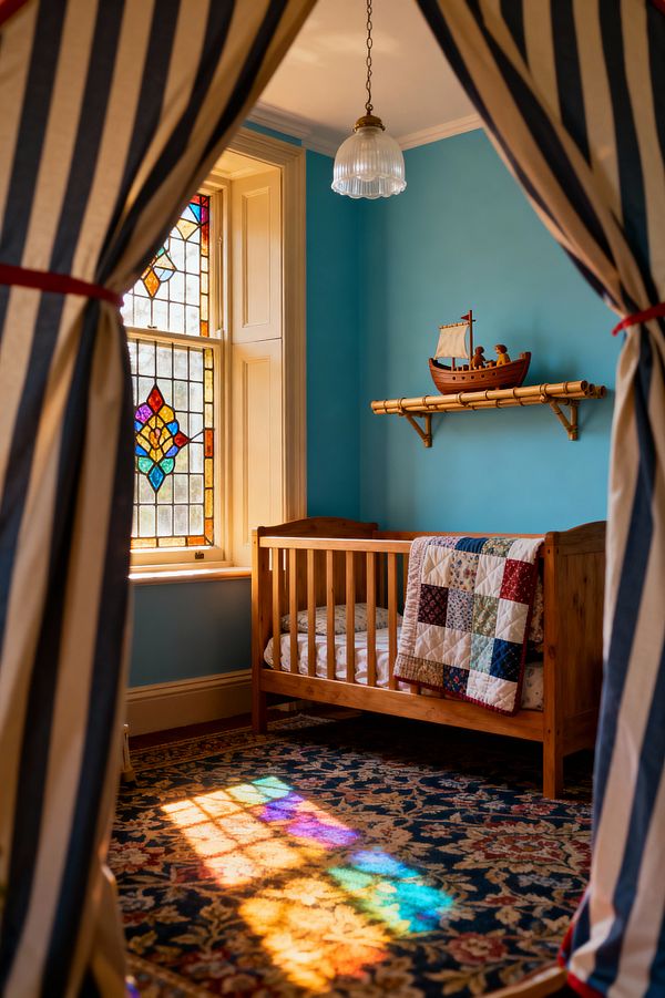 A view through striped tent curtains reveals a Victorian-inspired children’s room with sky-blue walls, a honey pine crib draped with a patchwork quilt, and a leaded stained-glass window casting multicolored light onto a navy floral carpet. Cream-painted shutters, a brass pendant with a ribbed glass shade, and a bamboo wall shelf holding a wooden toy boat complete the cozy, heritage look.