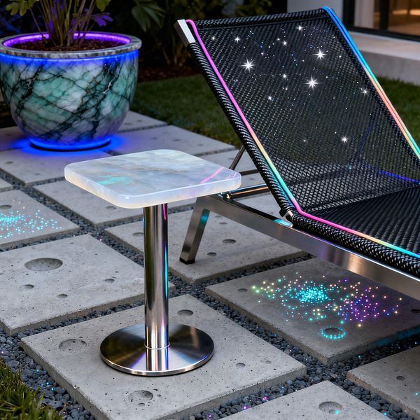 A contemporary patio features a stainless steel chaise with black woven mesh and iridescent edge lighting next to a pedestal side table topped with a translucent onyx square slab. Gray concrete pavers with gravel joints show crater-like impressions and clusters of shimmering fiber-optic points. A large green-veined marble planter emits blue and purple light near dense greenery, creating a sleek outdoor seating vignette with cool metals, stone, and neon-inspired illumination.