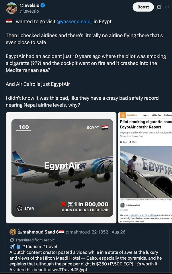 Infographic depicting safety records of various airlines with EgyptAir highlighted for poor performance.
