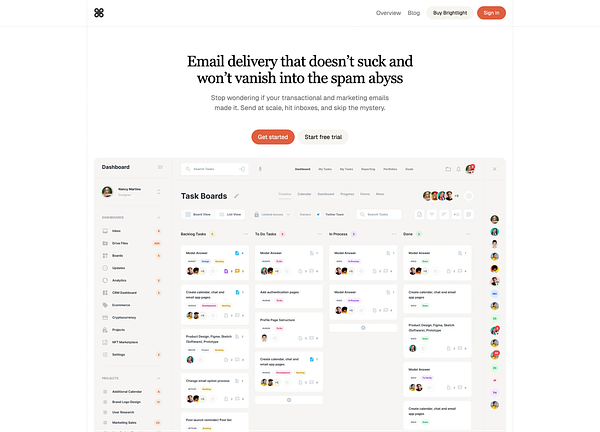 The image displays a user interface of a task management dashboard for the Brightlight SaaS theme.