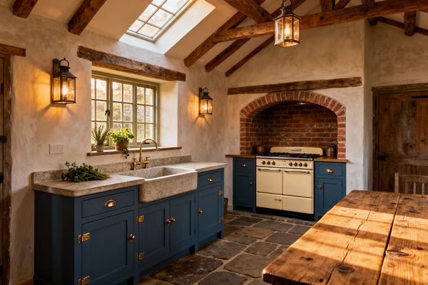 A rustic kitchen with a vaulted ceiling and exposed timber beams, illuminated by a skylight and glass lantern fixtures. Deep blue Shaker cabinets with brass hardware sit beneath stone countertops and a thick stone farmhouse sink under mullioned windows. A cream range is set within a red-brick arched niche with wood worktops. Flagstone floors, plaster walls, and a weathered wood table complete the warm, handcrafted look.