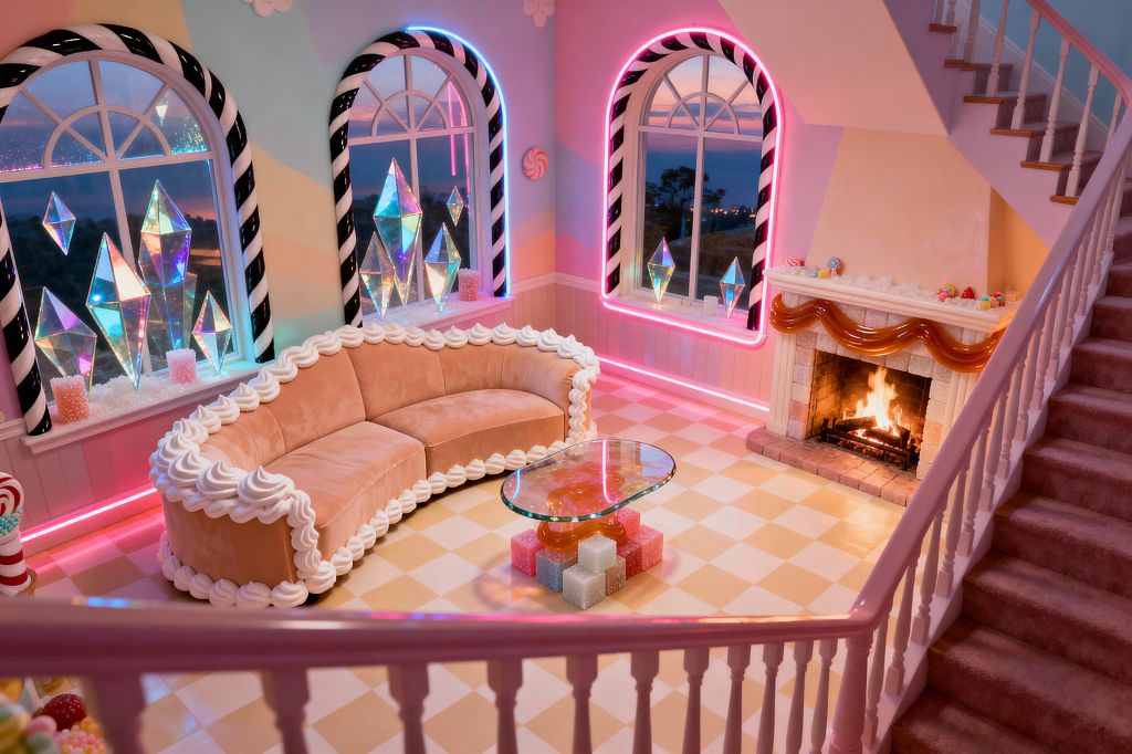 A whimsical living room in pastel tones features a curved peach velvet sofa trimmed with whipped-cream piping, a glass coffee table set on glittery cube bases, and a butter-and-cream checkerboard floor. Arched windows with black-and-white licorice frames glow with pink and aqua LED neon, displaying iridescent crystal sculptures. A stone-tile fireplace burns beneath a glossy caramel-like garland, while a pink balustrade and mauve carpeted stair rise at right.