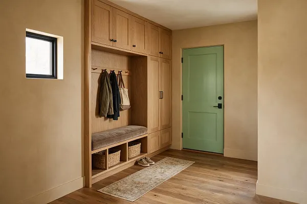A transitional entryway with built-in light wood storage, a cushioned bench, woven baskets, and coat hooks. A soft mint green front door, warm beige walls, a small window, and a pale runner create a calm, organized space.