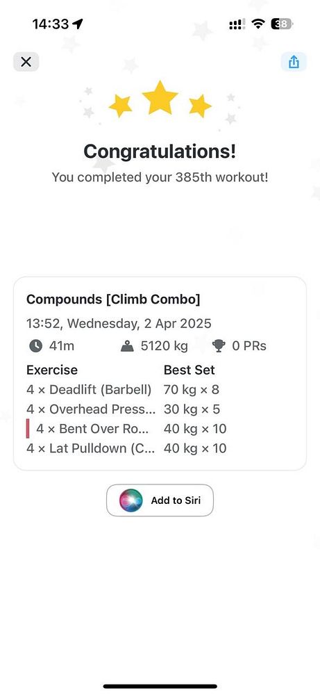 A workout summary screen displaying the completion of a fitness session.