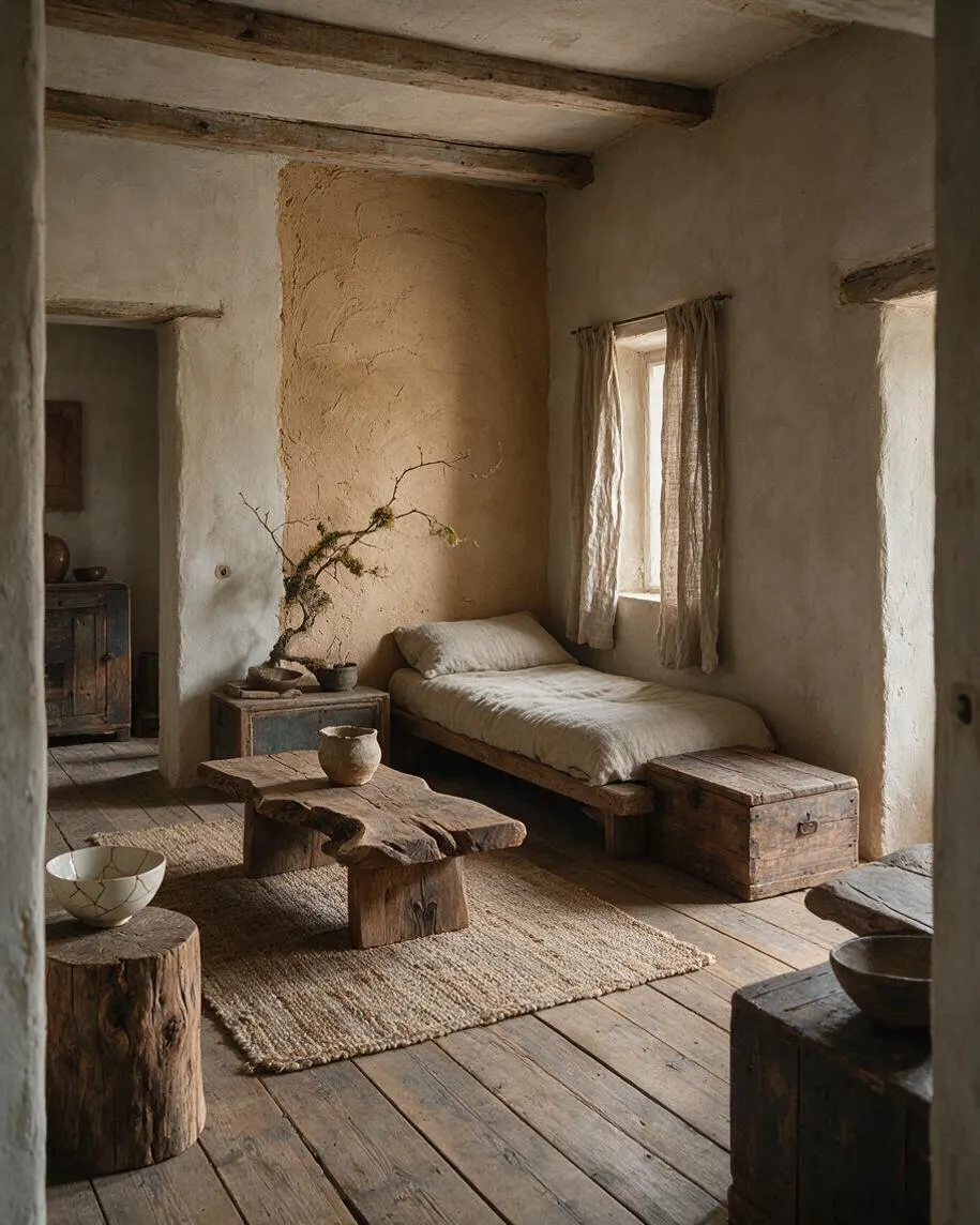 A small studio apartment with textured plaster walls, exposed wood ceiling beams, and wide plank wooden floors. The room contains a low bed with linen bedding, rustic wood tables and stools, a woven rug, and soft natural light from curtained windows.