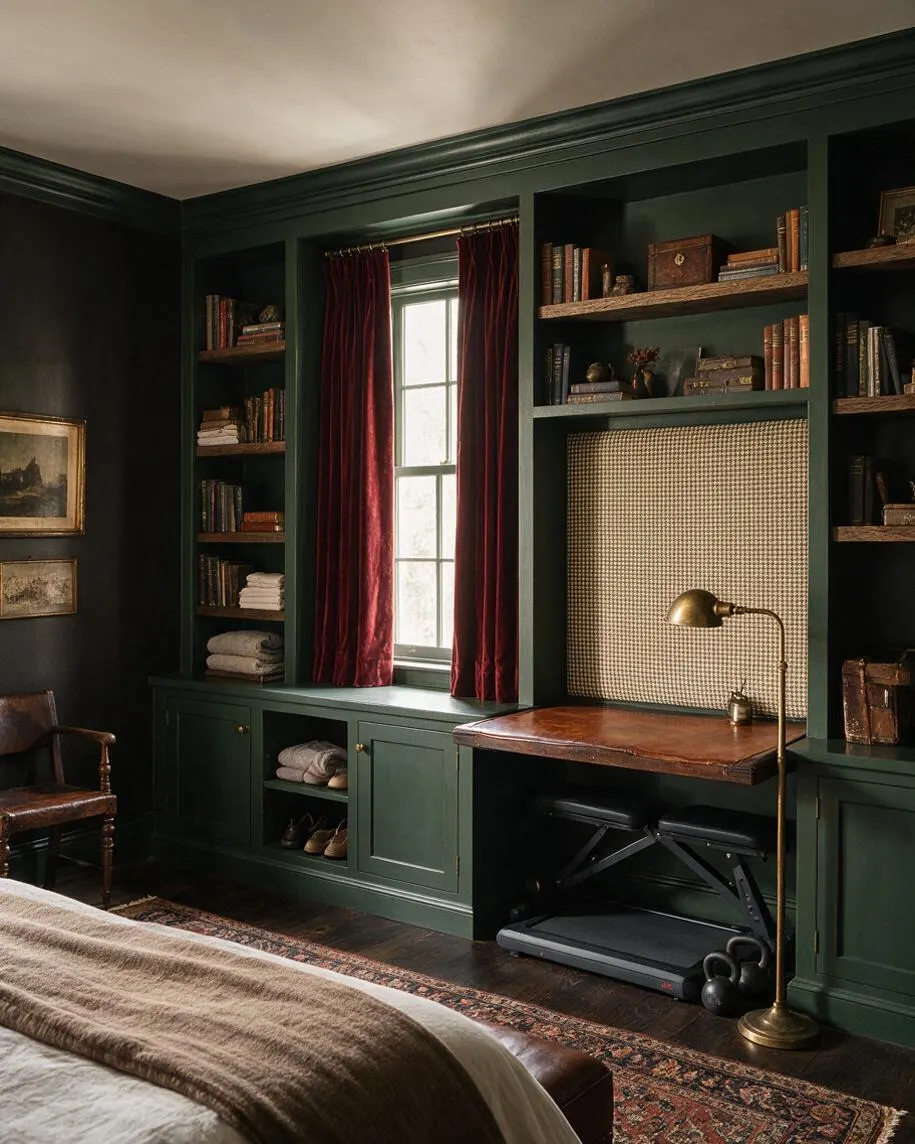 A dark academia home gym integrated into a moody study-like room with deep green built-in shelving around a window dressed in burgundy velvet curtains. A wooden exercise desk conceals a treadmill and kettlebells beneath, while books, old boxes, and brass accents add a scholarly, vintage feel.