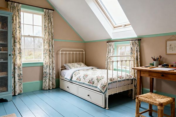 A cozy kids' bedroom with a sloped ceiling and skylight features a white iron twin bed with storage drawers, set on sky-blue painted floorboards against taupe walls with mint-green trim. Cream floral curtains match a quilt in pink and green, while a rustic wooden desk with art supplies and a rush-seat stool sits to the right and a light blue cabinet with wire-mesh doors stands to the left, all lit by two windows with soft daylight.
