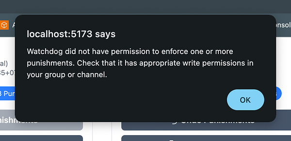 A permission error message from a watchdog application indicating insufficient permissions to enforce actions.