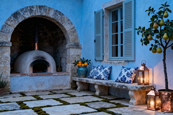 A twilight French country patio features a powder-blue stucco wall with pale blue shutters and a stone-trimmed window. To the left, an arched limestone niche shelters a domed wood-fired oven with a brick ledge and black flue. Large limestone pavers with moss joints lead to a carved stone bench topped with blue-and-white botanical cushions. Copper lanterns with candles glow beside a potted pear tree, while a teal glazed urn holds oranges on the bench.