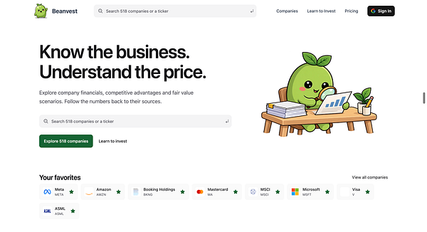 Beanvest homepage featuring a company search bar, a tagline about understanding business and price, a green exploration button, and a section showing favorite companies with logos and ticker symbols.