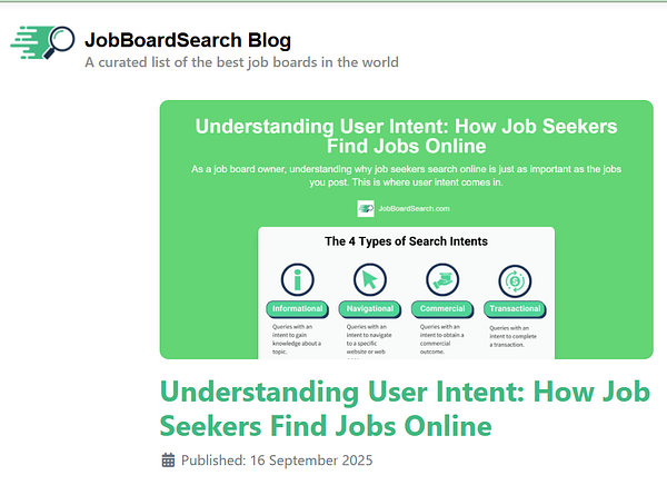 The image features a blog post titled 'Understanding User Intent: How Job Seekers Find Jobs Online' from JobBoardSearch.