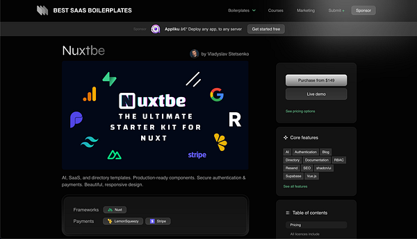 The image displays a promotional page for Nuxtbe, a starter kit for Nuxt applications.