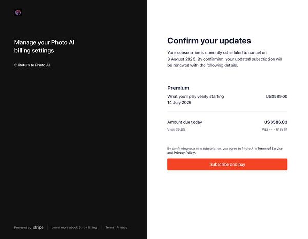 The image displays a Stripe billing interface for managing Photo AI subscription settings.