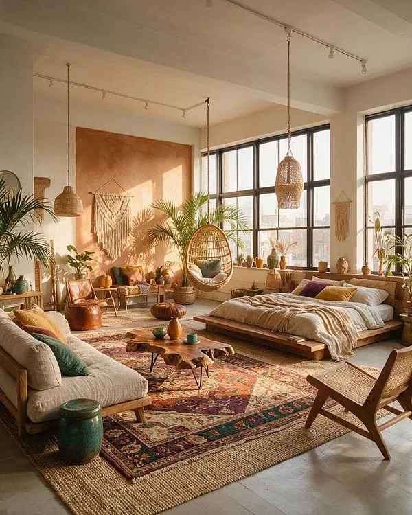 A spacious studio apartment filled with warm sunlight, featuring a low wooden bed, a cushioned sofa, a woven hanging chair, and layered patterned rugs. Large black-framed windows, macramé wall decor, rattan pendant lights, and many plants create a relaxed bohemian atmosphere.