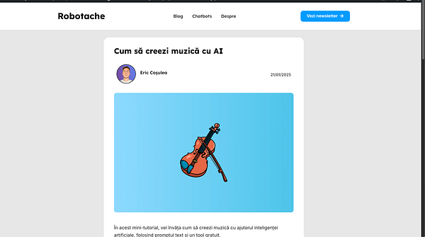 The image features a blog post about creating music with AI, accompanied by a colorful illustration of a violin.