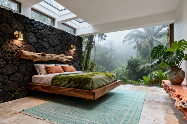 Bedroom with a dark lava-rock accent wall and a floating teak platform bed dressed in moss-green bedding and rust pillows, flanked by brass sconces and a driftwood-style headboard. Floor-to-ceiling glass and skylights expose misty rainforest scenery over travertine flooring with an aqua patterned rug, while a rough coral-stone console holds a large potted monstera for a tropical indoor–outdoor feel.