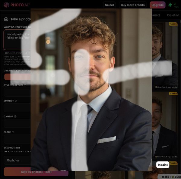 A user interface for a photo editing tool featuring a model's portrait with editing options displayed.