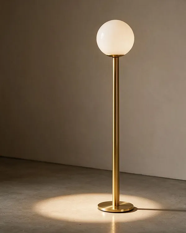 A modern floor lamp with a slim brass stem and round frosted globe shade stands on a simple circular base. Warm light pools onto the concrete floor against a neutral wall, creating a calm, minimalist atmosphere.