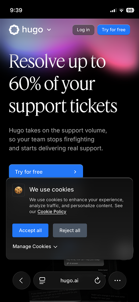 Screenshot of an iPhone 12 Mini displaying a cookie consent banner on a Hugo website, covering most of the screen and making the site unusable.